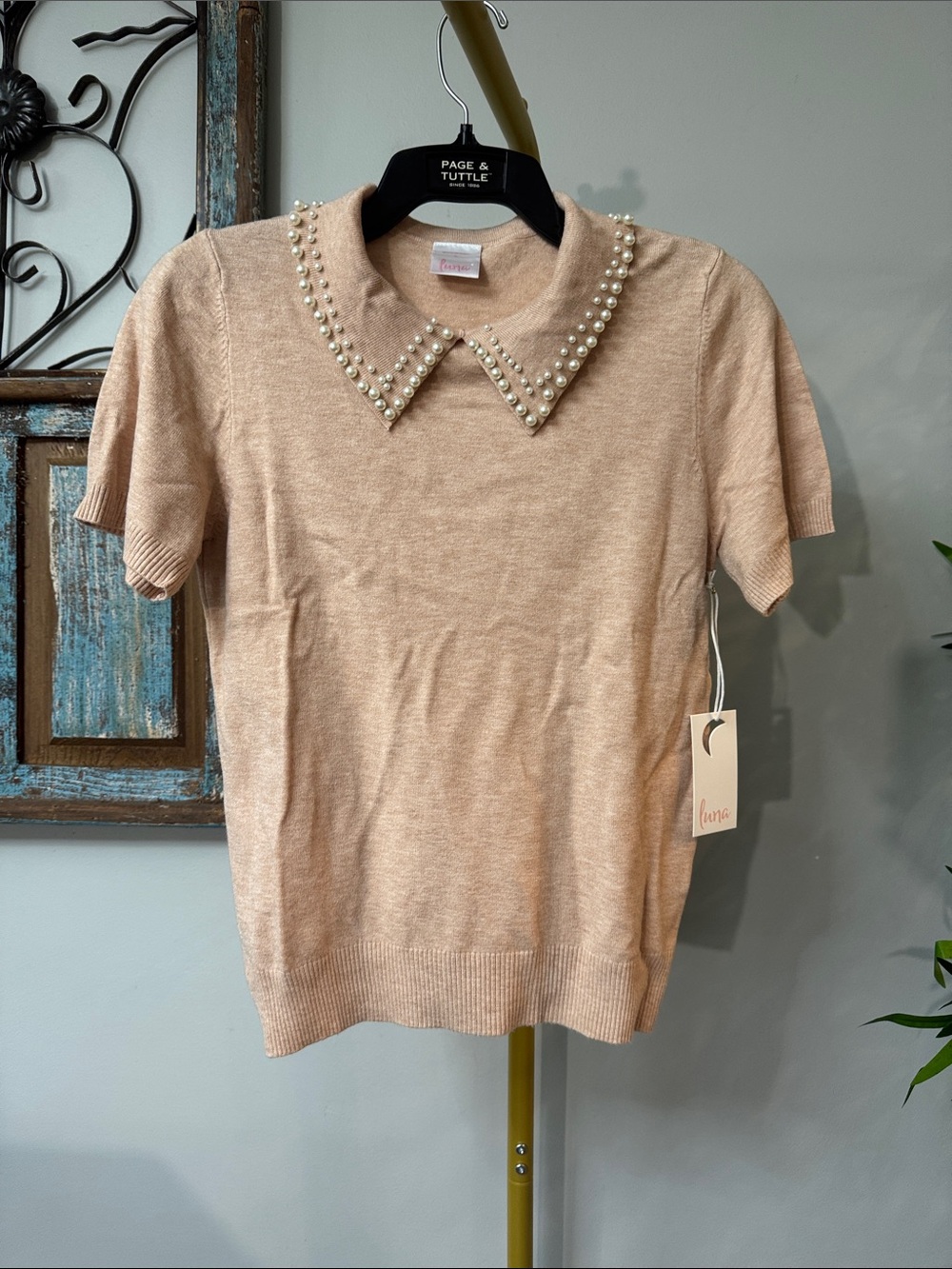 Luna Pearl-Collar Short-Sleeve Knit Sweater - Blush NWT M/L